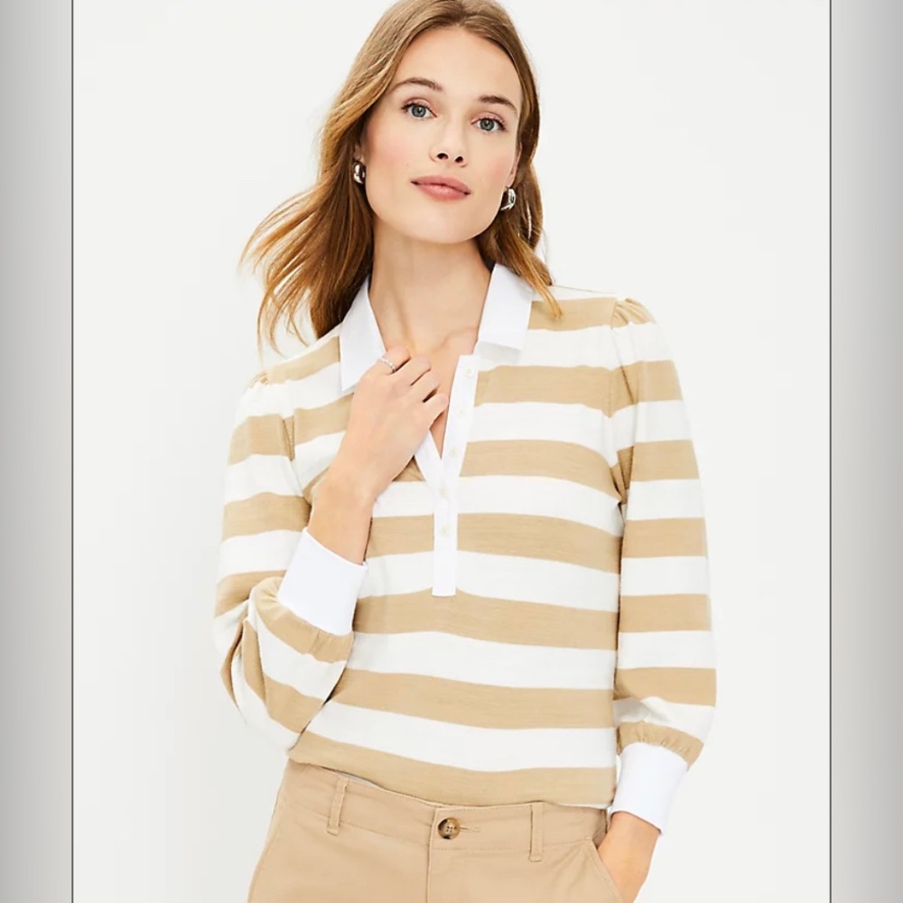LOFT NWT Striped Puff Sleeve Polo Rugby Shirt